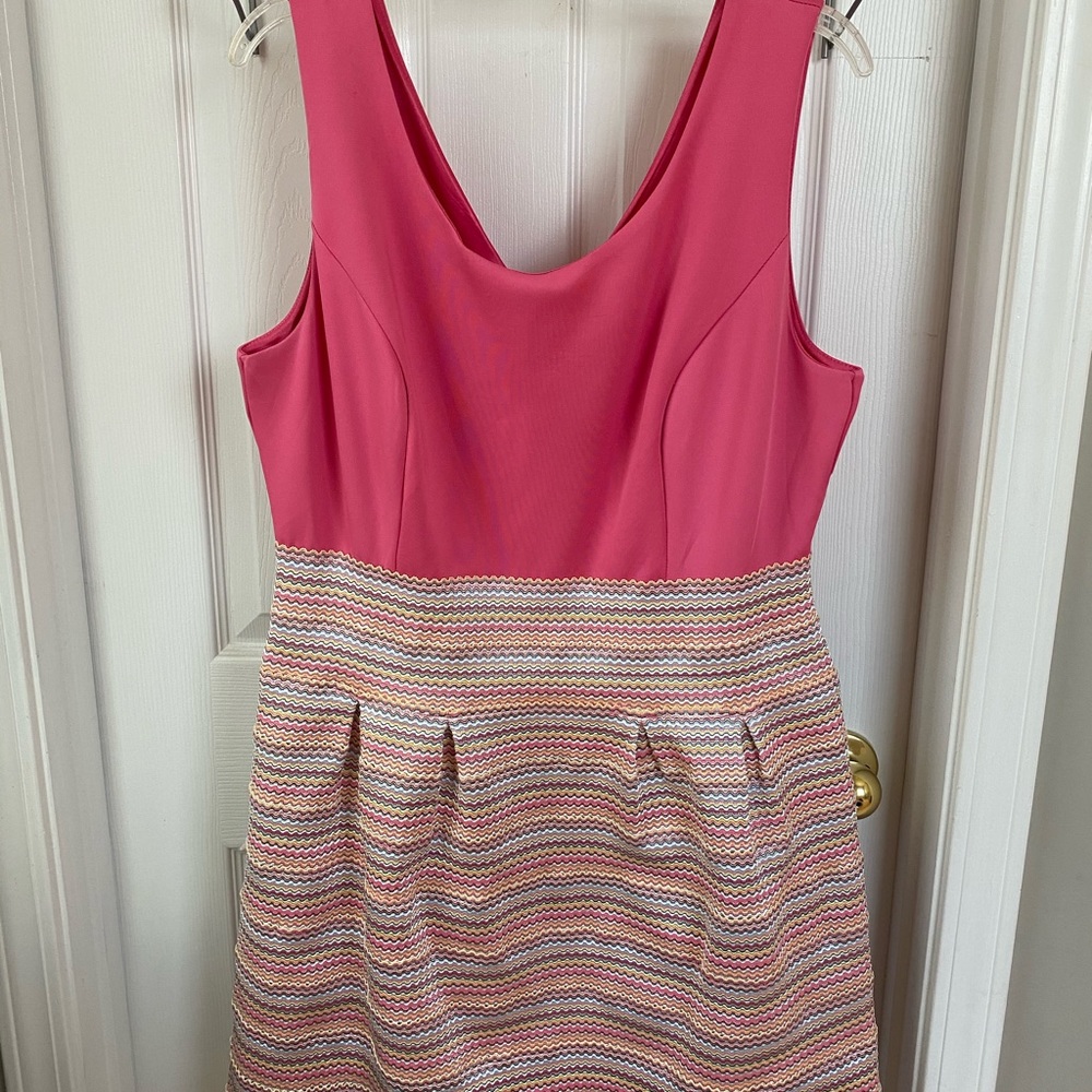 Pink mixed media shift dress.